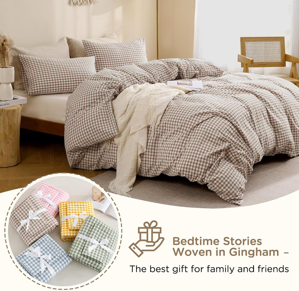 Tan Gingham Duvet Cover Bedding Set 100% Washed Cotton Like Linen Feel Super Soft Comfy 3 Piece Brown Vintage Plaid, Queen Size