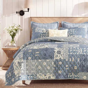 Quilt Set Queen, Patchwork Blue Floral Quilt Sets, Reversible Bedspread Lightweight and Breathable for All Seasons