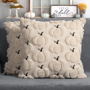 Fall Pumpkins Pillow Covers 20"x20" Set of 2, Beige Soft Plush Faux Fur Wool Farmhouse Throw Cushion Cases for Autumn
