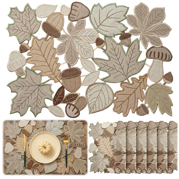 Fall Placemats Set of 6, Embroidered Maple Leaf Table Mats, 11 x 17 Inch