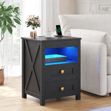 Farmhouse LED Nightstand with Gun Drawer&Invisible Lock,Modern Bedside Table with Human Sensor Design,Rustic Side