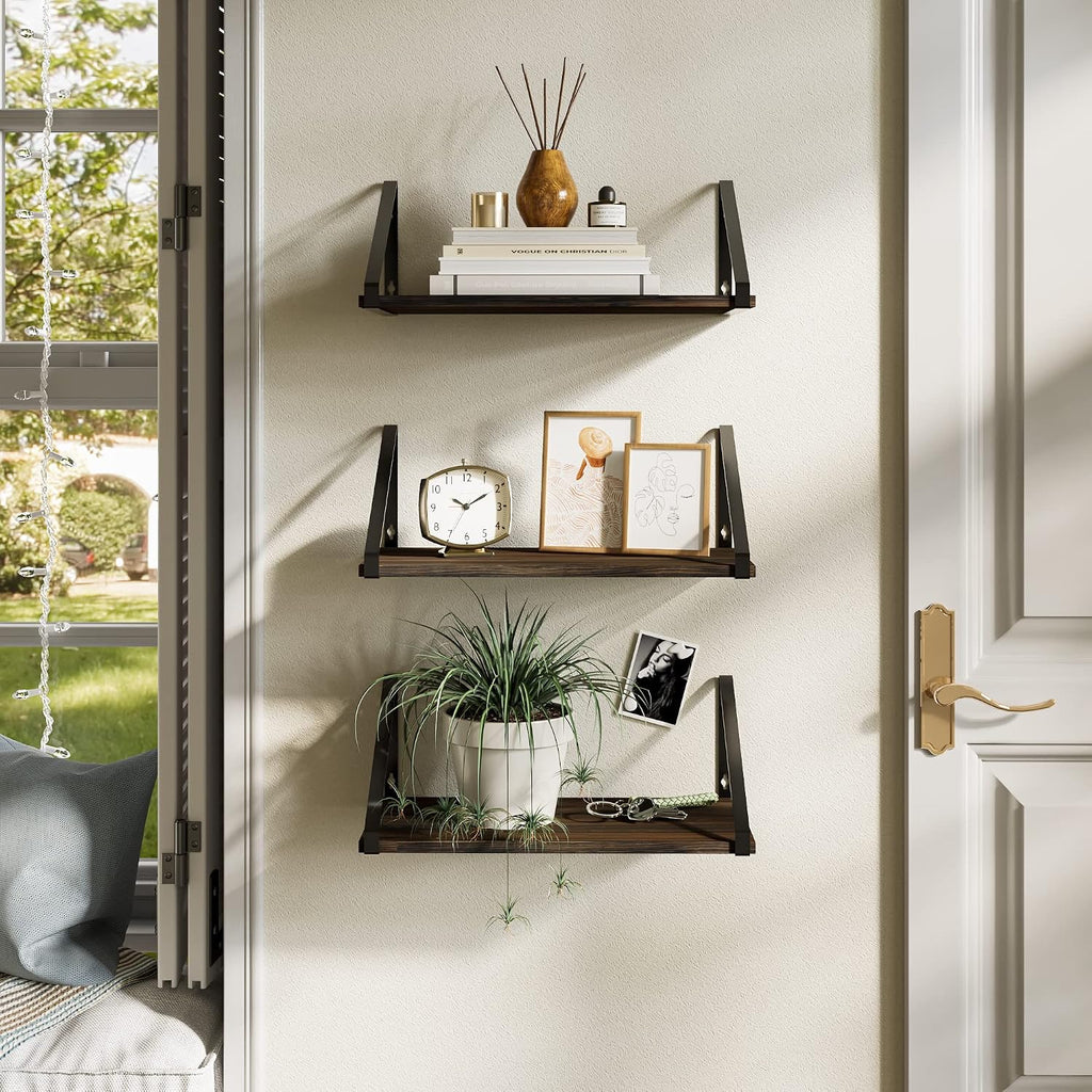 Floating Shelves Rustic Wood Wall Shelf, Small Bookshelf , with Metal Bracket