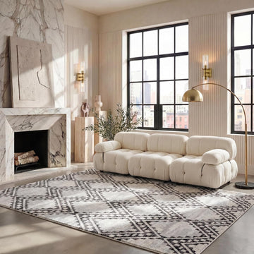 Area Rug - Tulum Collection - Large - Ivory & Black, Moroccan Boho Tribal Diamond Design, Non-Shedding & Easy to