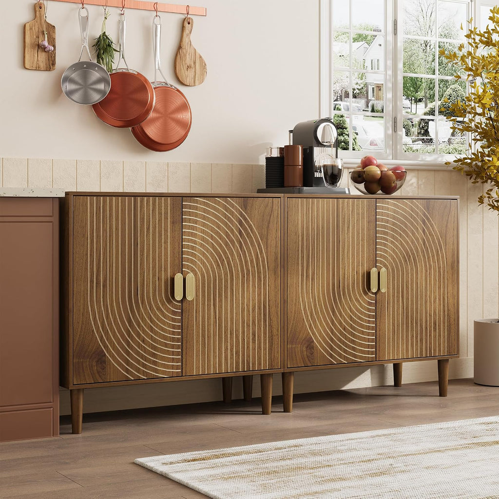 Walnut Sideboard Cabinet, Freestanding Buffet Cabinet with Line Groove Design, Wood Storage Cabinet with Adjustable