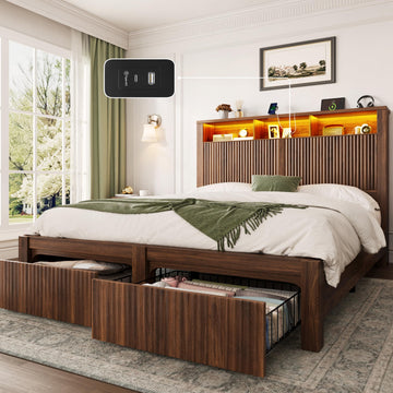 Full Size Bed Frame with Storage Headboard and 2 Drawers, Walnut