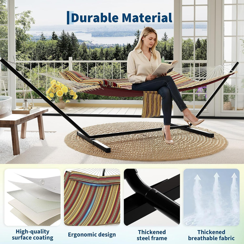 2 Person Heavy Duty Outdoor Hammock with Stand, Portable Double Hammock with Hardwood Spreader Bar, Pillow & Balance