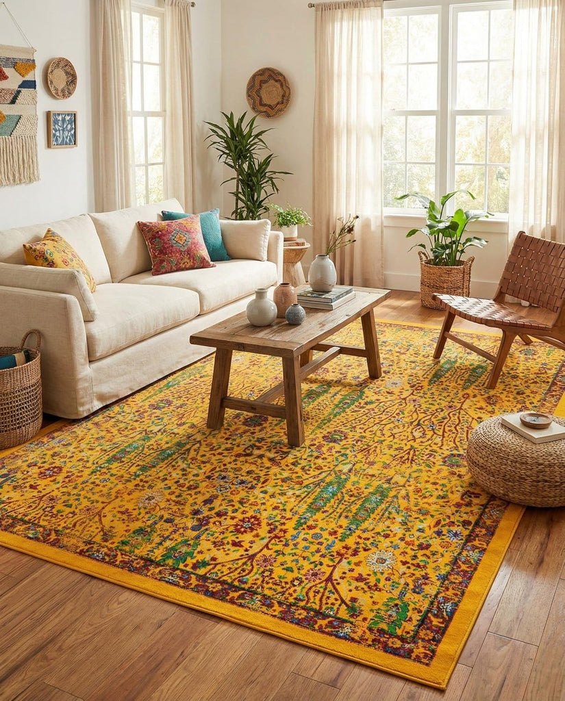 Calypso Rug - 7' 10 x 10' Yellow Area Rug - Stain-Resistant Botanical Design