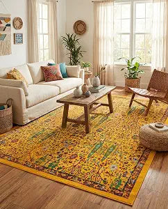 Calypso Collection Rug - 7' 10 x 10' Yellow Area Rug - Stain-Resistant Botanical Design for Living Rooms and Dining