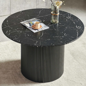 47" Round Dining Table for 4, Modern Farmhouse Marble-Look Foiled Top with MDF Striped Base, Kitchen & Dining Room