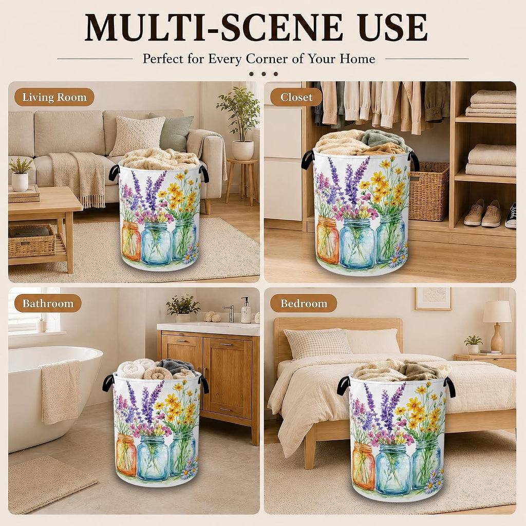 Wildflower Mason Jars Decorative Laundry Hamper, Tall Foldable Oxford Clothes Basket with Handles, Lightweight Dirty