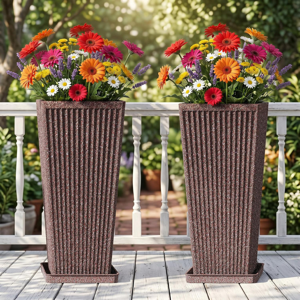 Square Tall Planters for Outdoor Plants with Tray - 24" Brown 2Pack | Weather-Resistant Plastics HDPE, Stone & Fluted