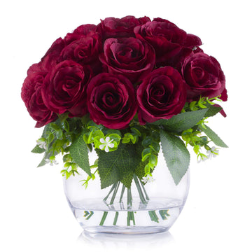 Silk Open Rose Flower Arrangement in Round Glass Vase with Faux Water Party Wedding Centerpiece Decoration (Burgundy)