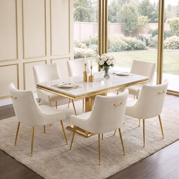 Velvet Dining Chairs Set of 6 Gold Legs, Upholstered Velvet Accent Chairs, Pleated Back Design & Gold Pull Handle, Mid