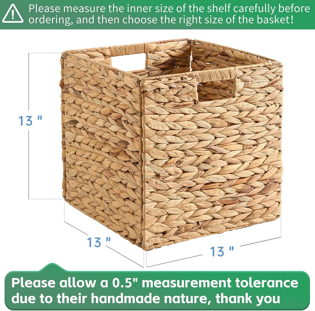 13x13x13 Wicker Storage Basket Set of 4, Water Hyacinth Woven Basket with Handles, Wicker Cube Storage Bins for