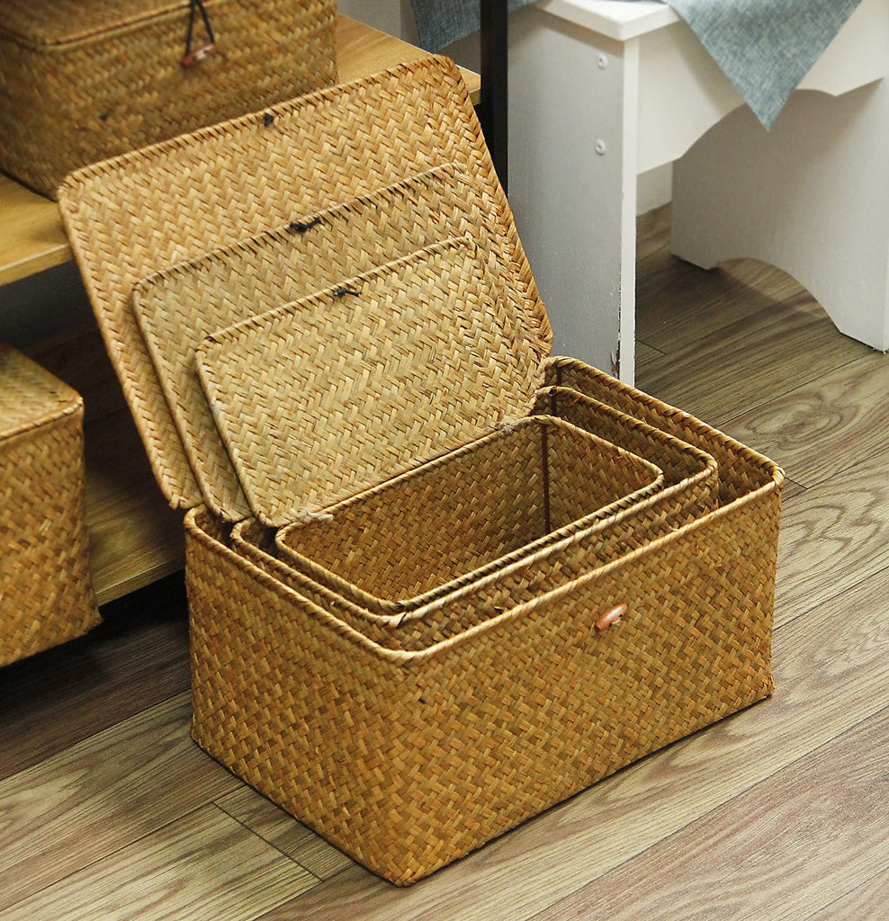 Wicker Shelf Basket with Lids, Seagrass Storage Baskets Bins Rectangular Woven Baskets Boxes for Organizing