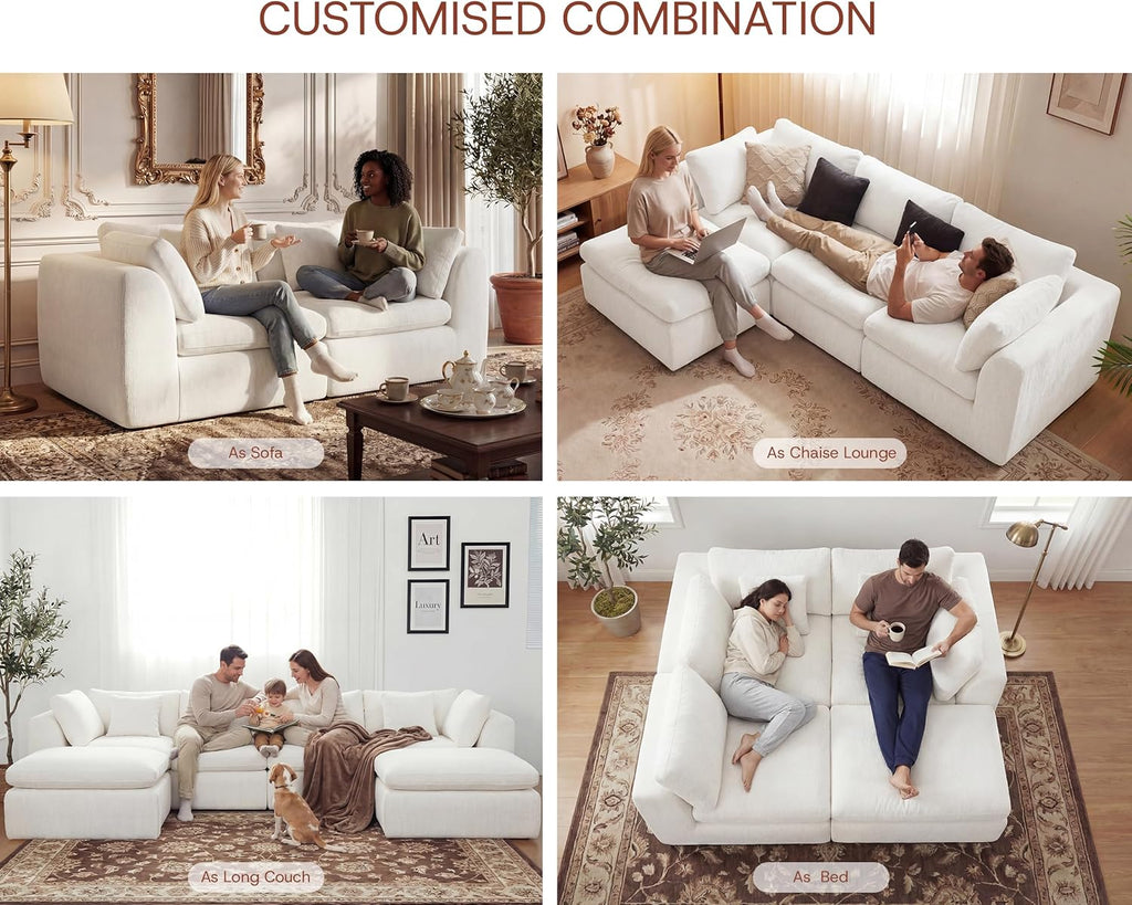 110'' Oversized Boneless Cloud Couch , Modern Big Sectional Compressed L Shape Couch with Ottoman, Comfy Chenille