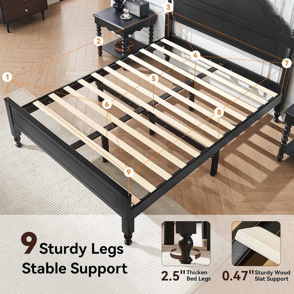 Wood Bed Frame Queen, Wooden Retro Style Queen Bed Frame with Headboard and Footboard, Heavy Duty Bed Frame with 12