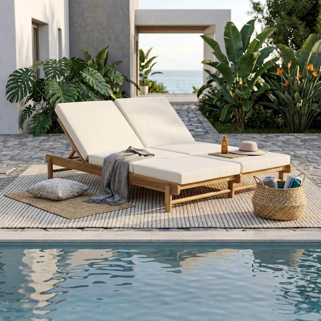 Set of 2 Outdoor Chaise Lounges with 3-Fold Cushions, Acacia Wood Recliner Chair Frame with Slatted Design