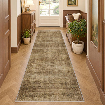 Washable Brown Vintage Distressed Runner Rug