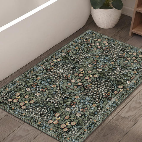 Washable Rug,Floral Small Area Rugs for Bathroom Entryway Entry Bedroom Bedside,Boho Front Door Mat Indoor Entrance Throw Carpet Botanical Vintage Non Slip Ultra-Thin