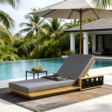 Acacia Wood Chaise Lounge with Dark Gray Cushion, 4" Thick Cushion, 300 lbs, Patio, Poolside, Garden, Indoor Use