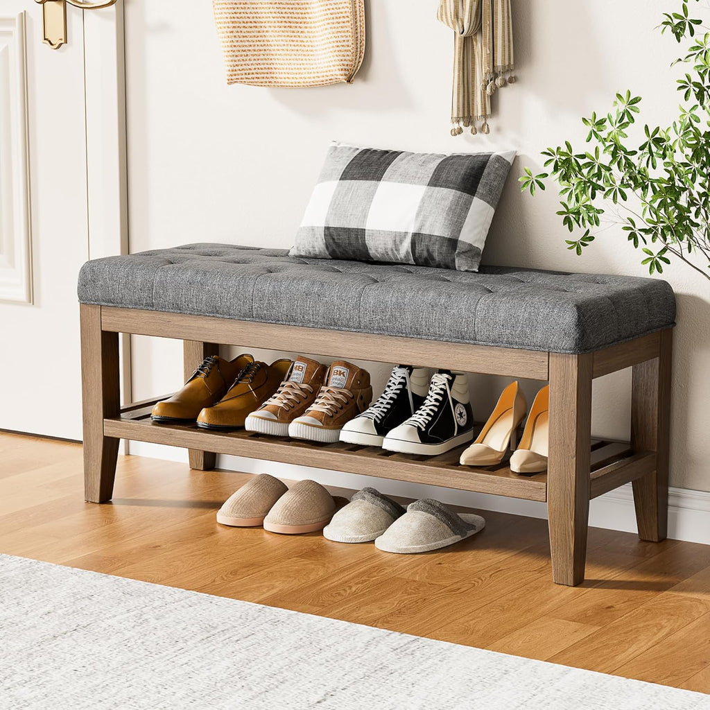 End of Bed Storage Bench, 42.9" Entryway Shoe Bench with Solid Wood Shelf, Upholstered Ottoman with Padded Seat and