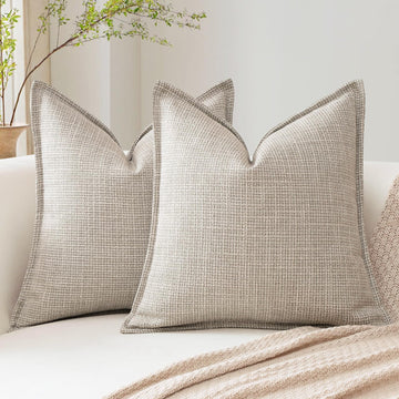 Pack of 2 Deep Beige Decorative Pillow Covers 20x20 Inch Soft Linen Texture Couch Throw Pillows Farmhouse Cushion