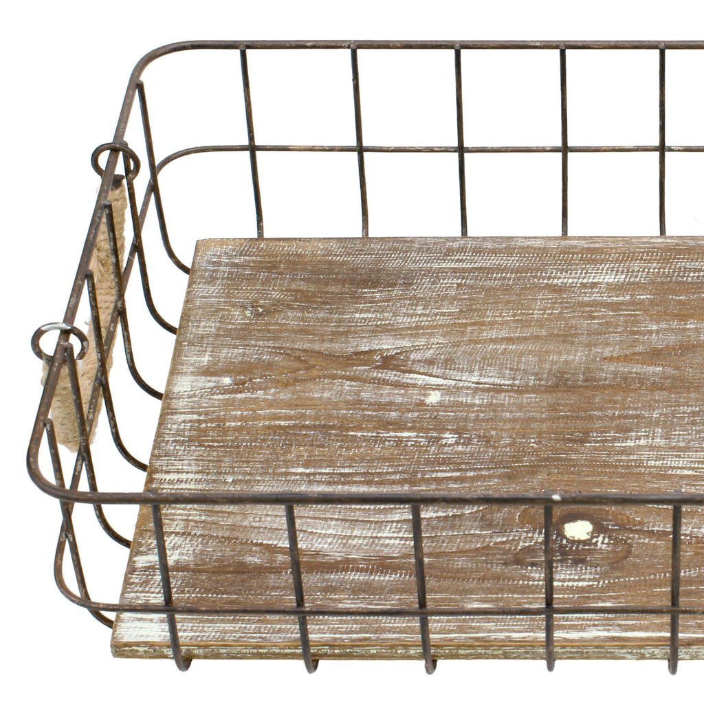 Stackable 2pc Rectangle Metal Wire and Wood Basket Set with Rope Wrapped Handles, Rustic Decor Storage, Decorative
