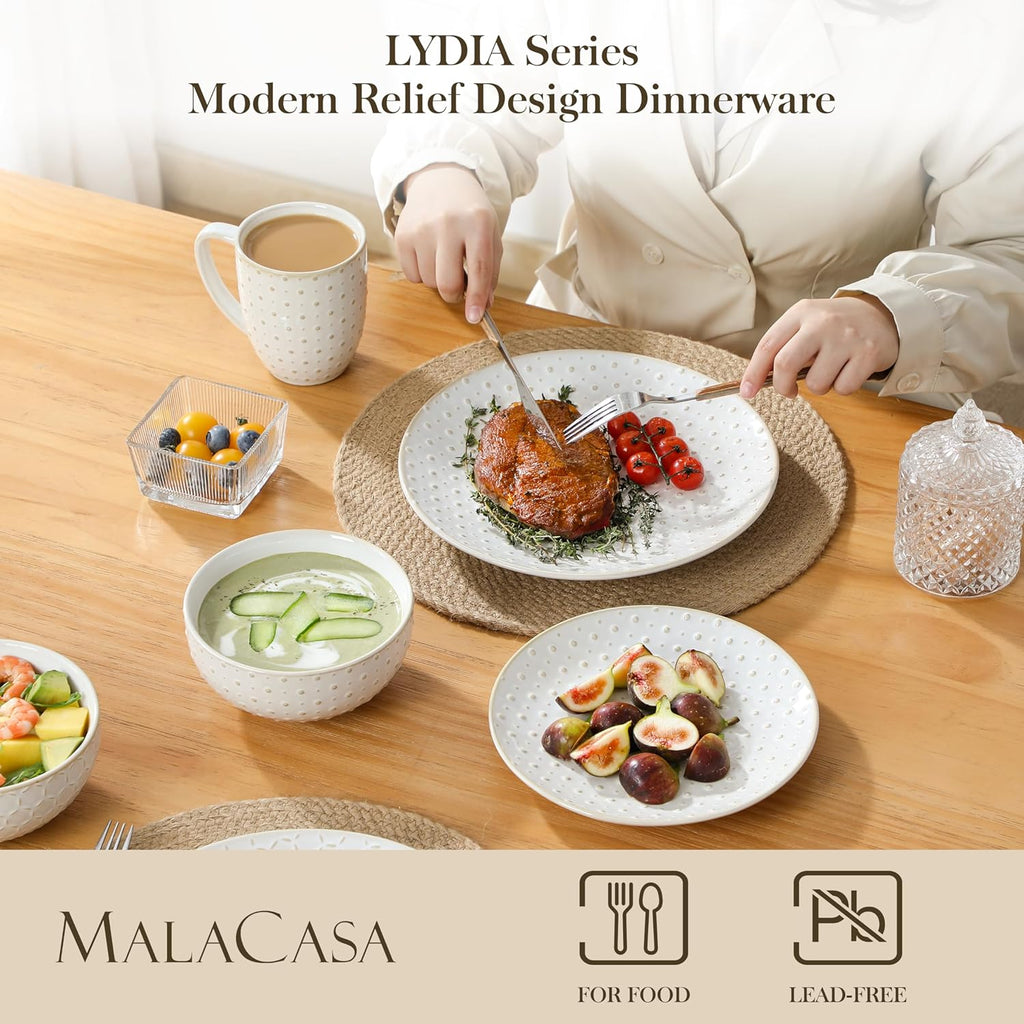 16 Pieces Dinnerware Sets, Modern Relief Design Plates and Bowls Sets, White Dish Set for 4