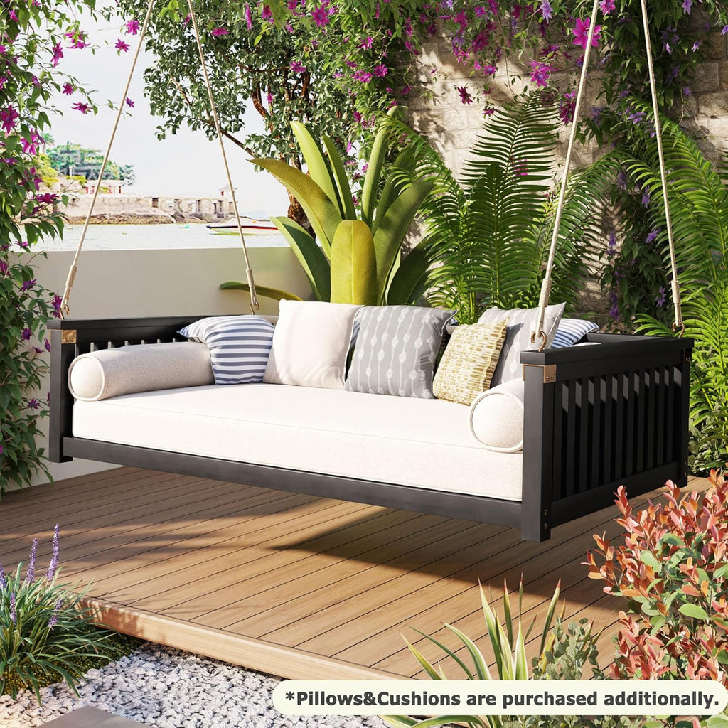 Outdoor Porch Swing Bed, Twin Size Acacia Wood Hanging Daybed with Hemp Ropes, Minimalist Patio Swing Bed for Garden