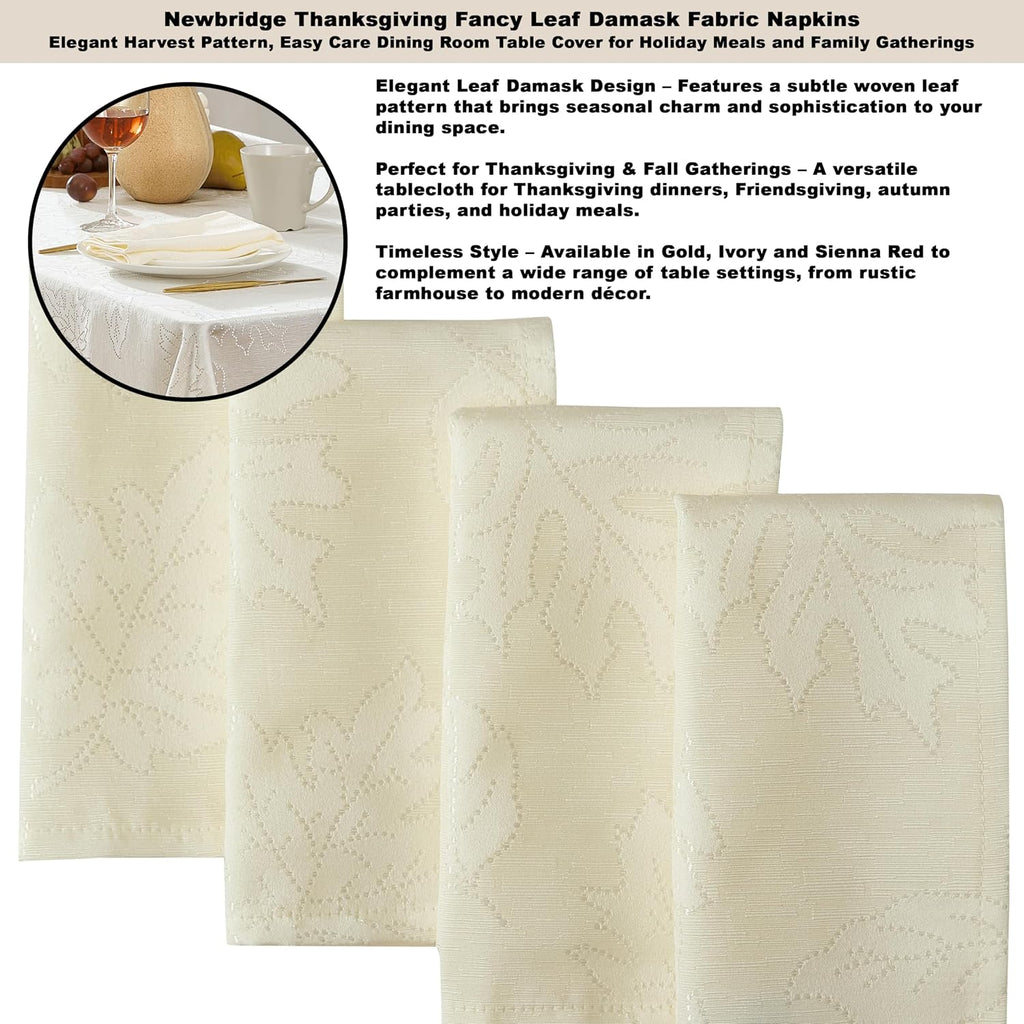 Ivory Fancy Leaves Damask Fabric Holiday Tablecloth, 52 x 70 Inch Rectangle, Elegant Swirling Leaf Pattern, No Iron