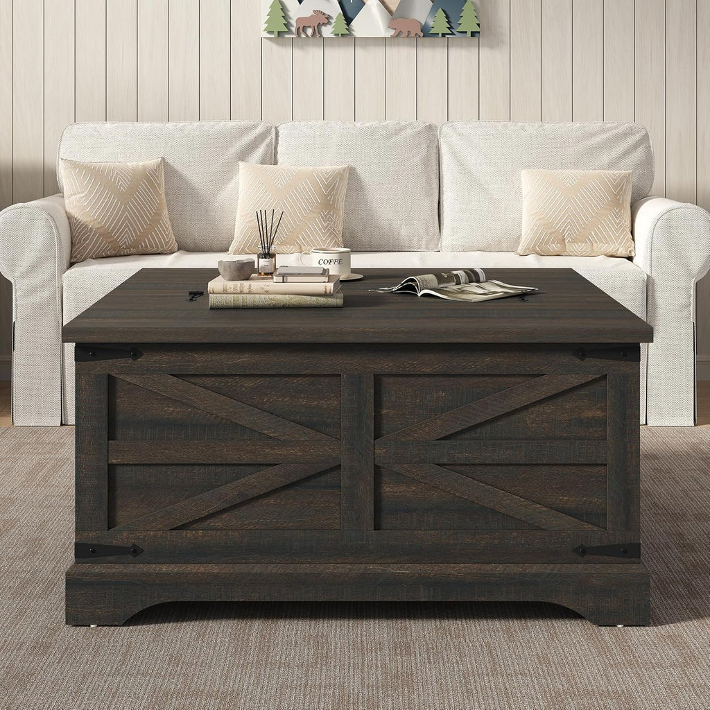 35.5''W Square Coffee Table Farmhouse Lift top Coffee Table with Large Hidden Storage, Wood Center Table, Dark Brown