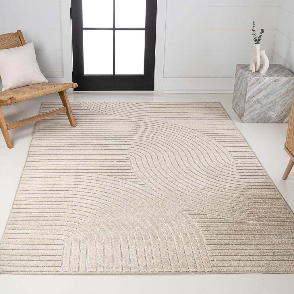 Hallie High-Low Curve Beige/Cream Indoor/Outdoor Area Rug, Minimalist, Japandi, Geometric, Pet Friendly