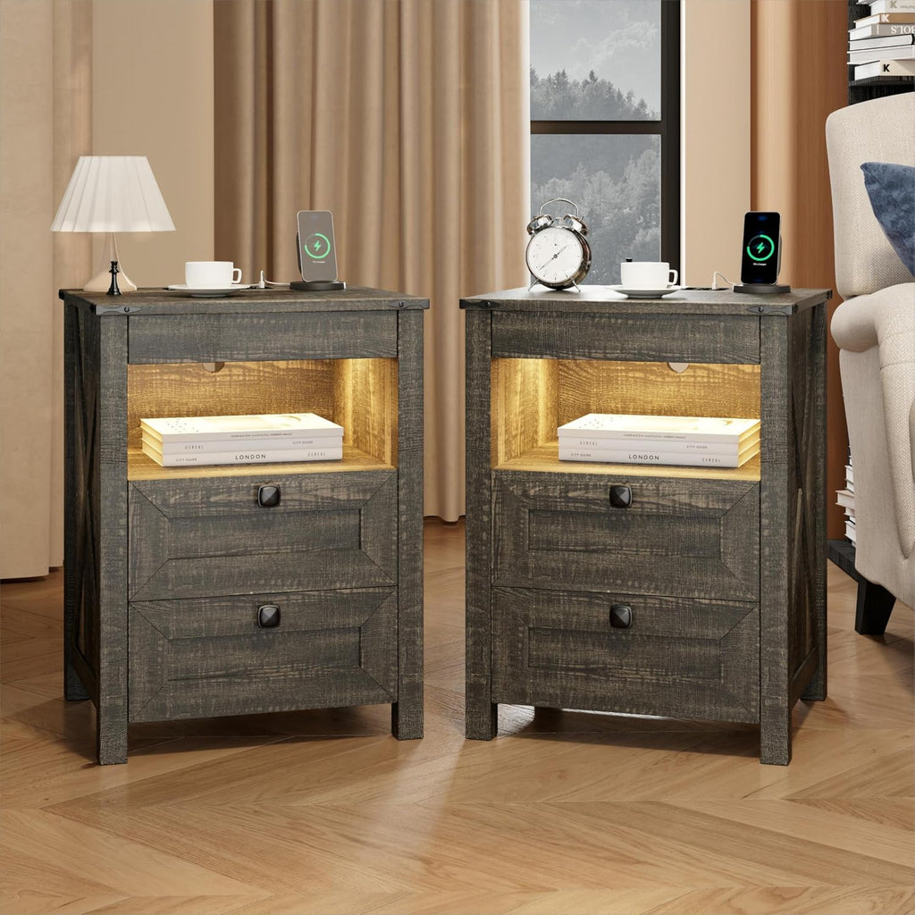 Nightstands Set of 2 with Gun Drawer, Farmhouse Bedside Table with Charging Station, Gun Night Stand with LED Light &