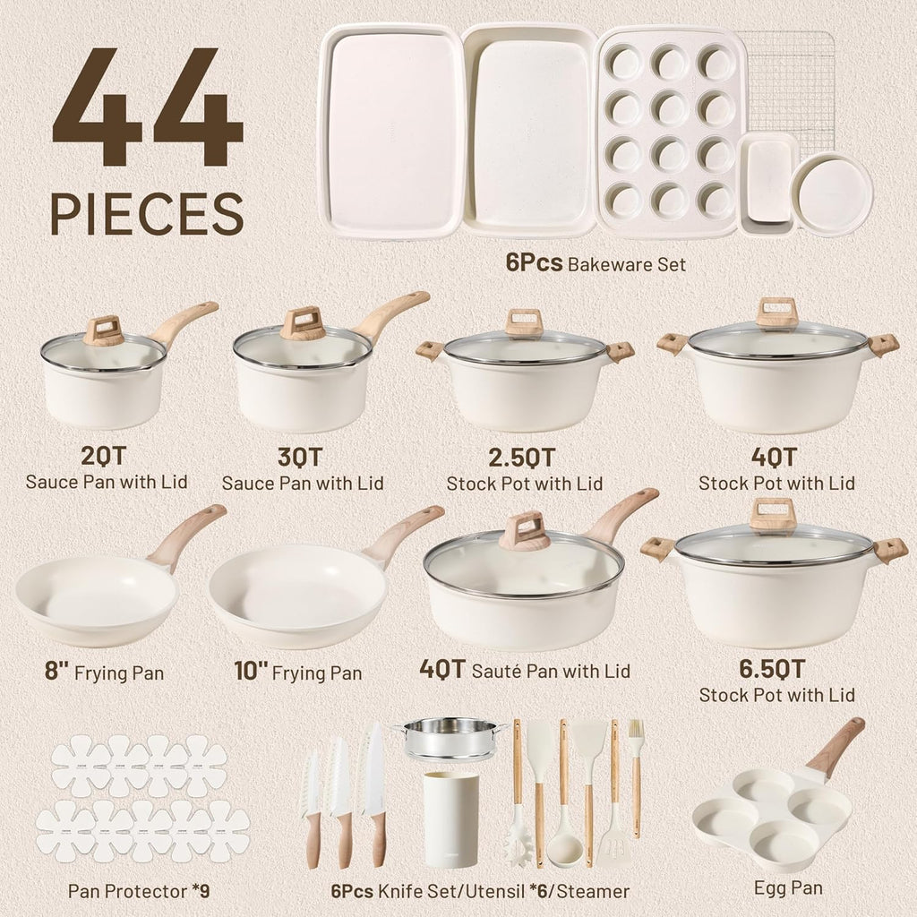 44pcs Pots and Pans, Nonstick Cookware Sets with Bakeware | Induction Cooking Set with Kitchen Knife Set & Egg Pan