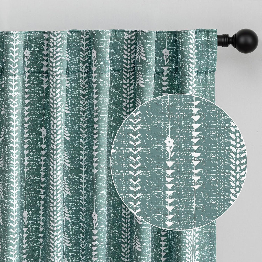 Sage Green Blackout Curtains - Boho Farmhouse Printed 95% Room Darkening Aqua Thermal Insulated Drapes