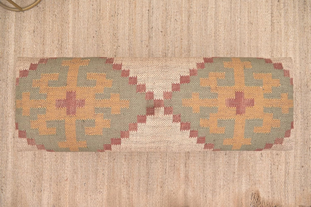Acacia Wood Kilim Pattern Jute Fabric Decorative Upholstered Bench | Wooden Ottoman with Turned KD Legs , End of Bed