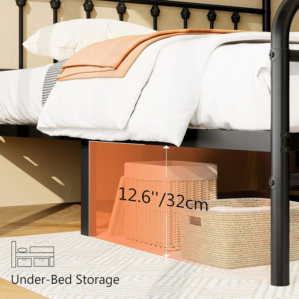King Metal Platform Bed Frame/Victorian Style Headboard and Footboard/Steel Slat Support/Easy Assembly/No Box Spring