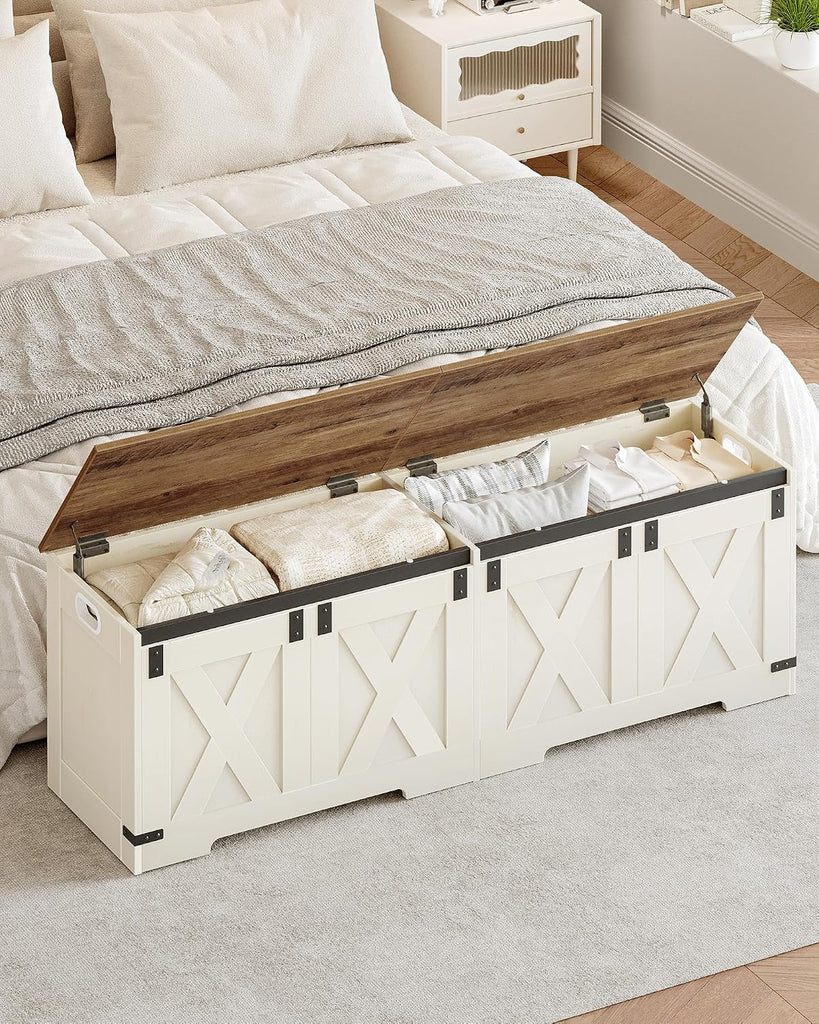 59" Storage Bench, Lift Top, 268L/70 Gal Large Chest | | Retro White, Farmhouse, FSC Wood, 330lb, Double Hinges
