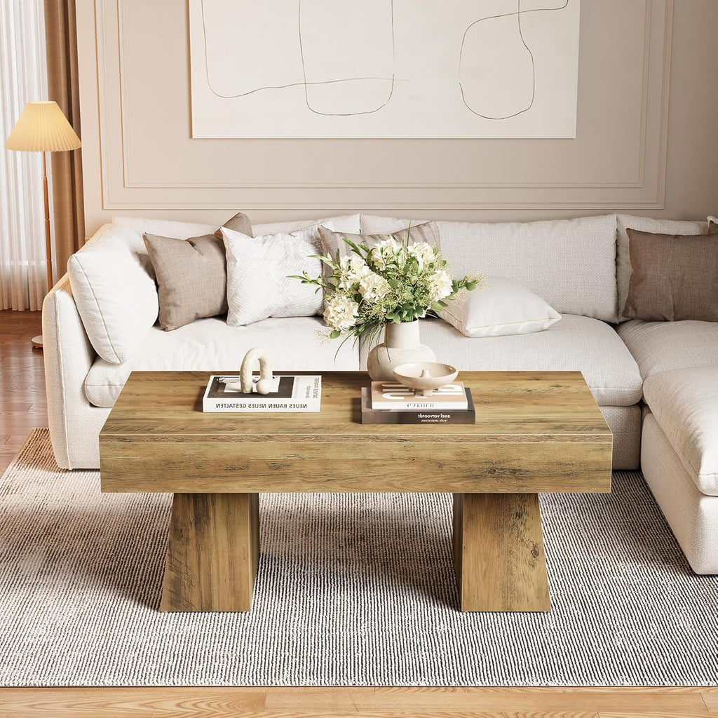 Farmhouse Coffee Table, 47 Inches Wooden Rectangular Accent Center Tables with Thick Base