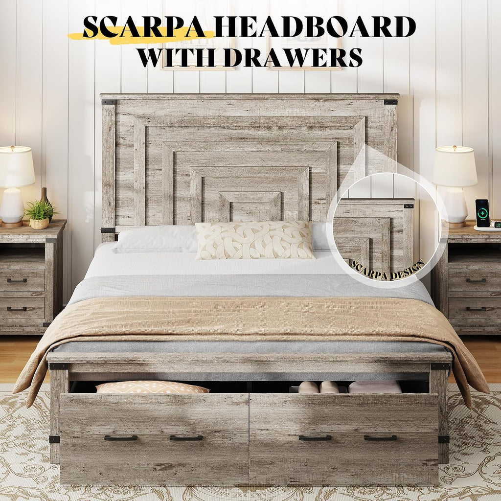 Farmhouse Queen Bed Frame with 54" Tall Geometric Headboard & Footboard, Rustic Wood Platform Bed Frame with Large