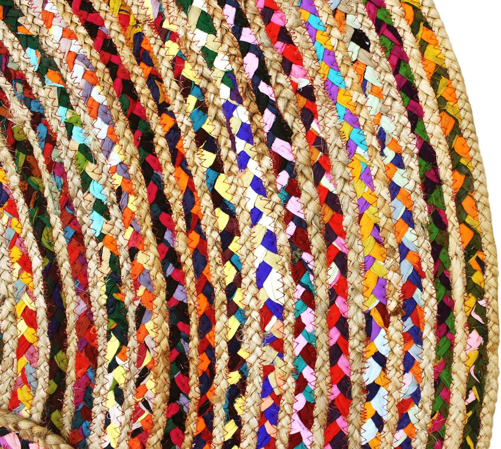 Jute Chindi Braid Rag Rug - 7 Feet Round Multi Color Area Rug | Handwoven Reversible Jute & Natural Recycled Cotton
