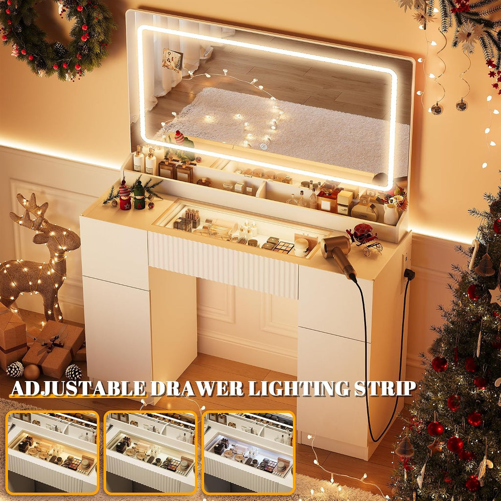 44" Vanity Desk with Large Mirror and Lights, Modern Glass Top Makeup Vanity Set with Power Outlet, 3 Drawers and 2