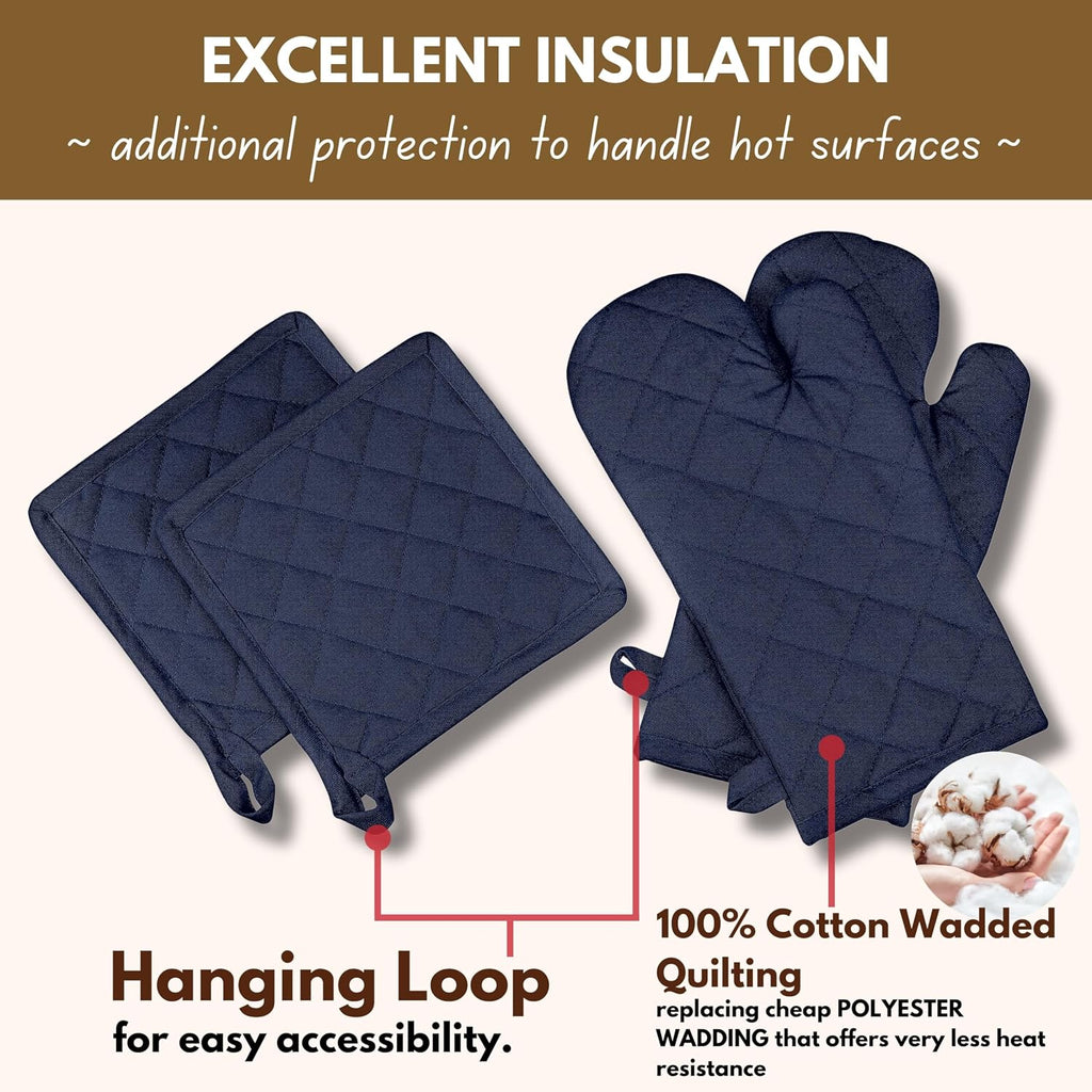 4 Piece Set - 2 Oven Mitts & 2 Potholders, Heat Resistant, 100% Cotton, Quilted Design, Non-Slip Grip, Machine