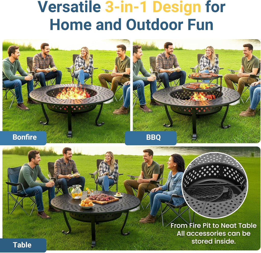 43 Inch Fire Pit - Wood Burning with Grill Table