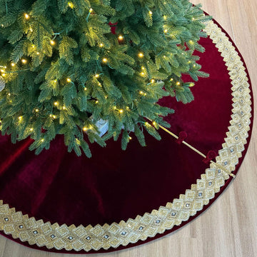72-Inch Venetian Gilded Velvet Christmas Tree Skirt with Gold Embellished Border, Foam-Padded, Button Closure