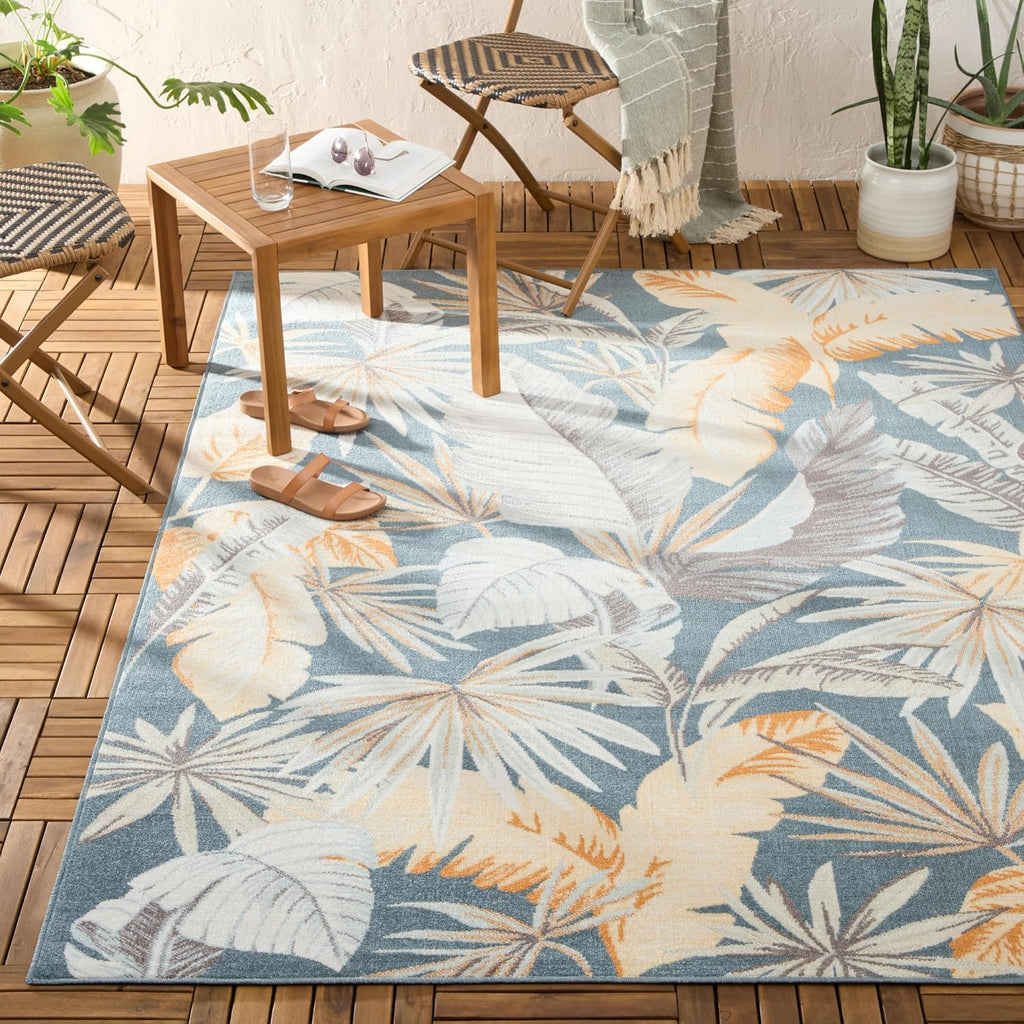 Abaco Tropical Foliage Indoor Outdoor Area Rug, Leaf Coastal Design, UV Fade Resistant, Dark Blue, 5