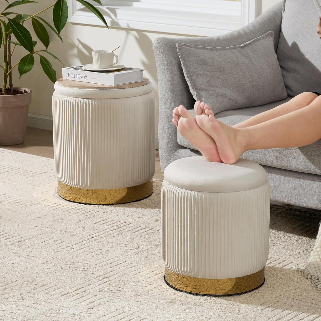 Round Ottoman with Storage Set of 2, Storage Vanity Stool | Velvet Upholstered Ottoman Coffee Table, Gold-Tone Ring