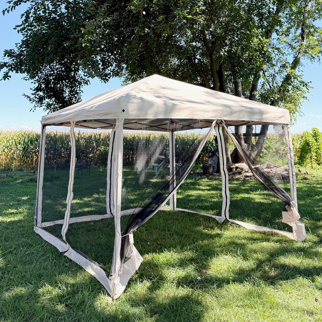 10' x 10' Pop Up Canopy Tent with Netting, Instant Gazebo, Screen House Room with Carry Bag, Height Adjustable Beige