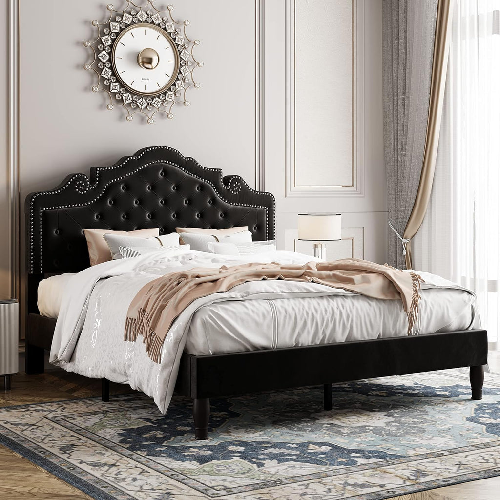 Full Bed Frame with Adjustable Velvet Tiara Headboard, Upholstered Diamond Button Tufted Platform Bed